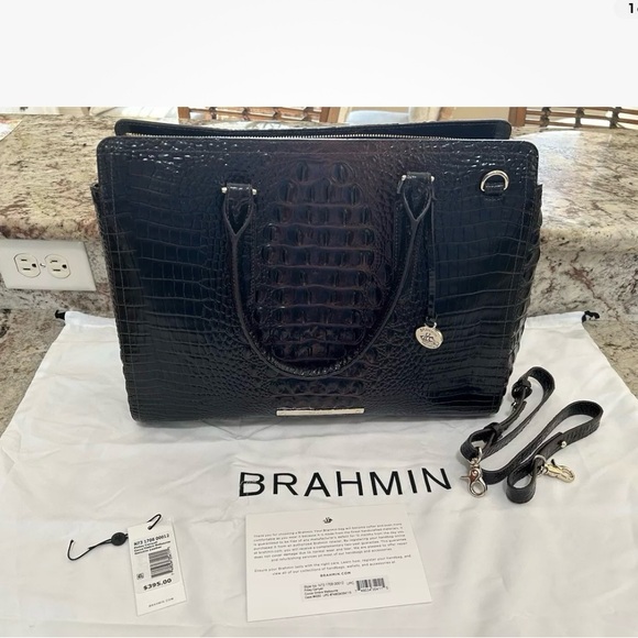 Brahmin Black Croc-Embossed Satchel